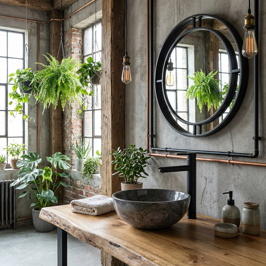 Lavabo en marbre à comptoir rond sur meuble-lavabo en bois dans une salle de bains loft industriel avec plantes, miroir et robinet noir