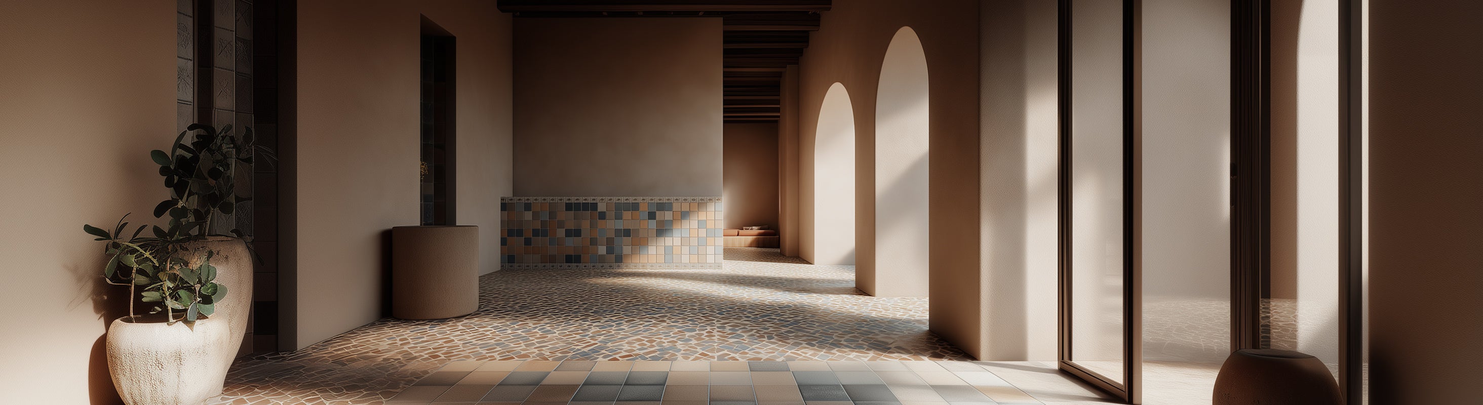 Tuiles – Cour méditerranéenne avec carreaux de mosaïque géométrique au sol et surfaces murales calmes de style mauresque.