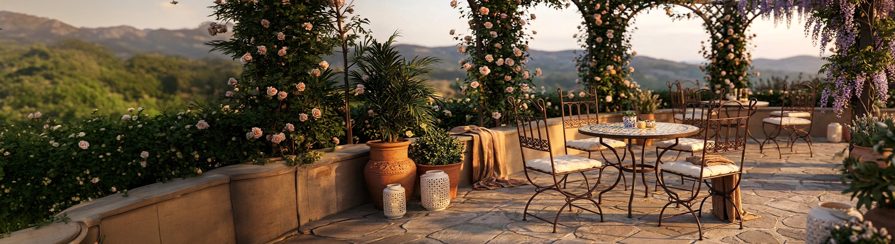 Chaises en métal – marokkanische Metallstühle aus Eisen auf Terrasse mit Mosaiktisch im Garten – handgeschmiedete Stühle für Outdoor und Essbereich