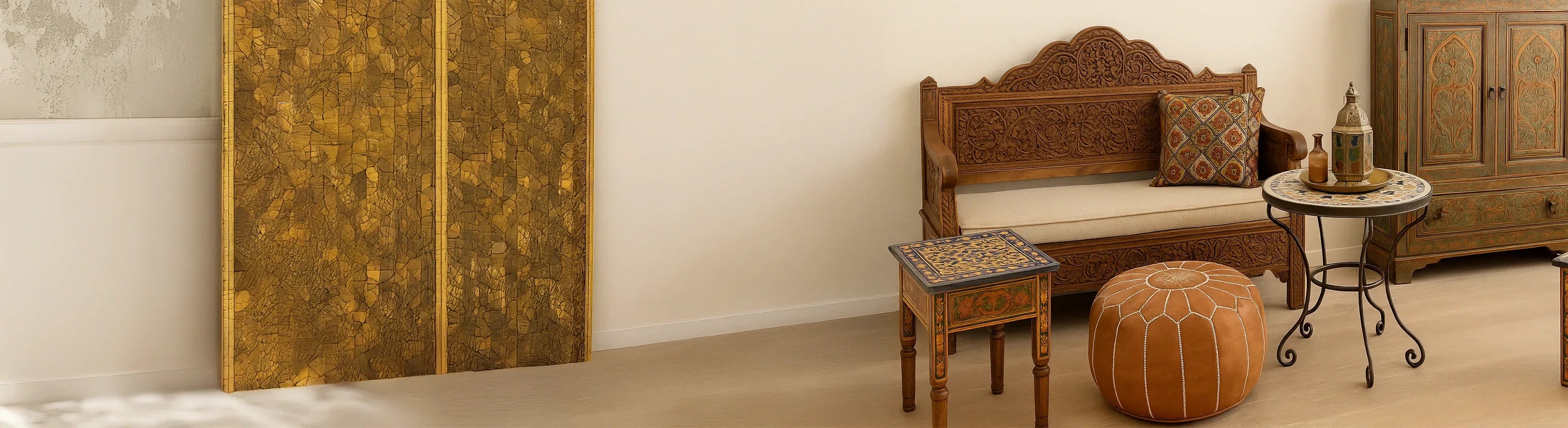Meubles marocains – Un salon élégamment meublé avec des meubles marocains artisanaux en bois, mosaïque et métal au design oriental.