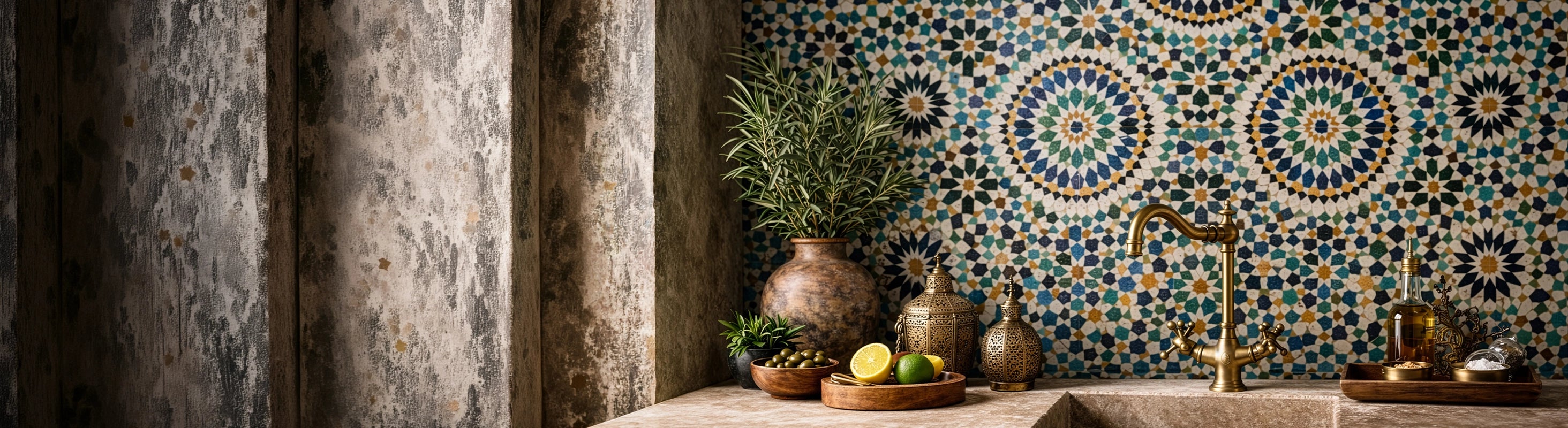 Carreaux cellulaires – Marokkanische Zellige Fliesen mit traditionellem geometrischem Muster als Wandgestaltung in einer orientalisch inspirierten Küch