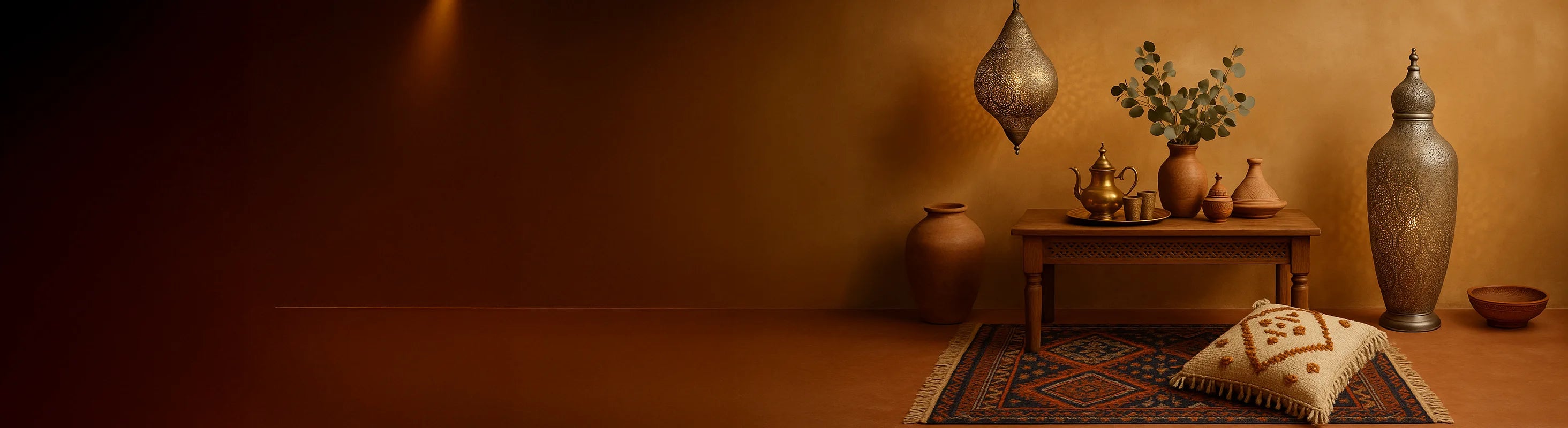 Maroc – Marokkanisches Deko-Arrangement mit orientalischen Hängelampen, Terrakotta-Gefäßen, geschnitzten Ornamenten, Tajine und Messingtablett.