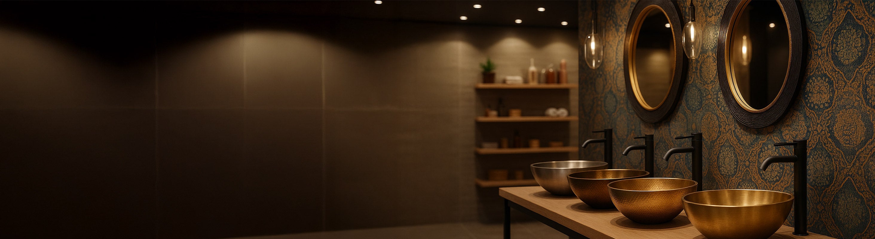 Lavabo en métal – Vier hochwertige Metall-Waschbecken in verschiedenen Formen aus Gold, Bronze und Edelstahl auf Holzplatte vor gemusterter Wand mit Spiegeln