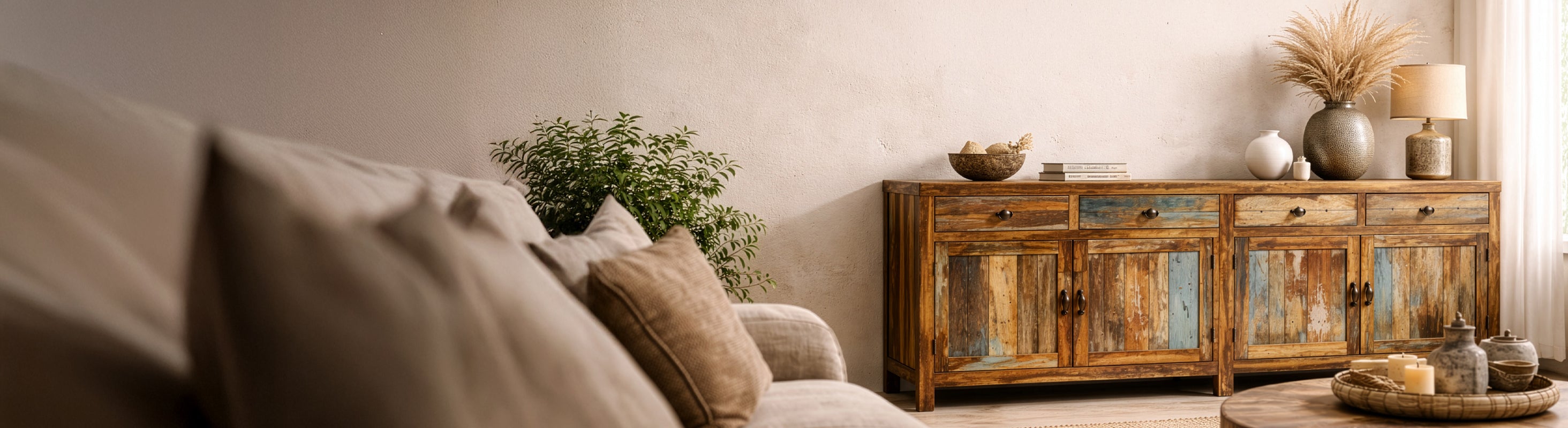 Meubles en bois massif – Banner der Creative Collection mit HANDMADE Möbeln aus Massivholz und Mango-Altholz im Vintage-Boho-Stil