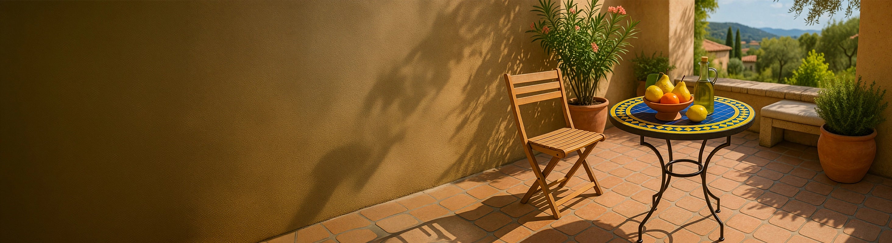 Tables mosaïque Ø60 – Runder Mosaiktisch Ø60 cm mit blauen Zellige-Fliesen als Bistrotisch auf sonniger Terrasse mit Stuhl und mediterraner Umgebung – 2 Personen