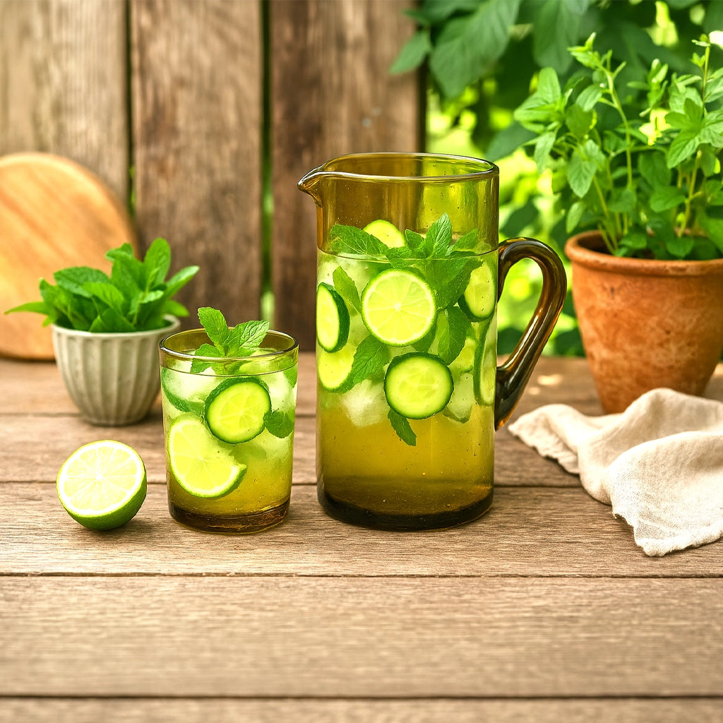 Mundgeblasene Glaskaraffe mit Limetten, Gurke und Minze auf Holztisch im Garten neben Trinkglas