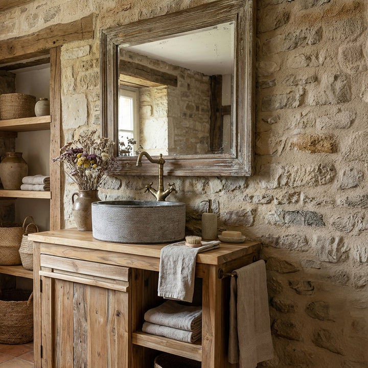 Lavabo à poser rond en marbre sur lavabo rustique en bois, mis en scène dans une salle de bain chaleureuse de maison de campagne avec un mur en pierre naturelle.