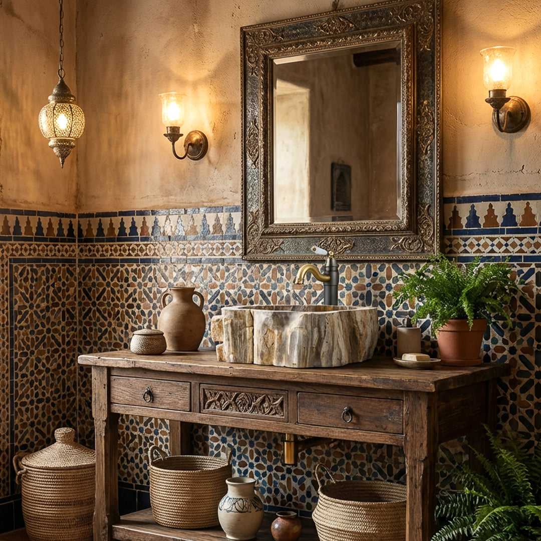 Vasque à poser en pierre naturelle avec un dessin en bois fossile, mise en scène sur une console en bois dans la salle de bain orientale aux carreaux de mosaïque.