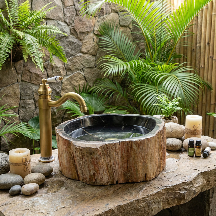 Vasque à poser en pierre naturelle en bois pétrifié, vasque d'extérieur ronde en pierre sur dalle en pierre solide avec robinetterie et plantes en laiton.