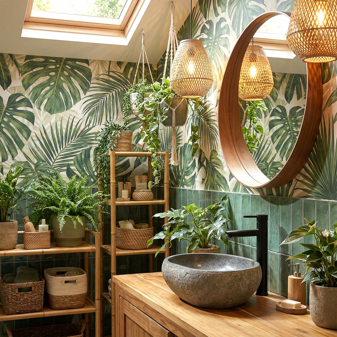 Bassin de comptoir en pierre de rivière dans une salle de bains spa verte sur meuble sous-vasque en bois, combiné avec des raccords noirs et une ambiance végétale