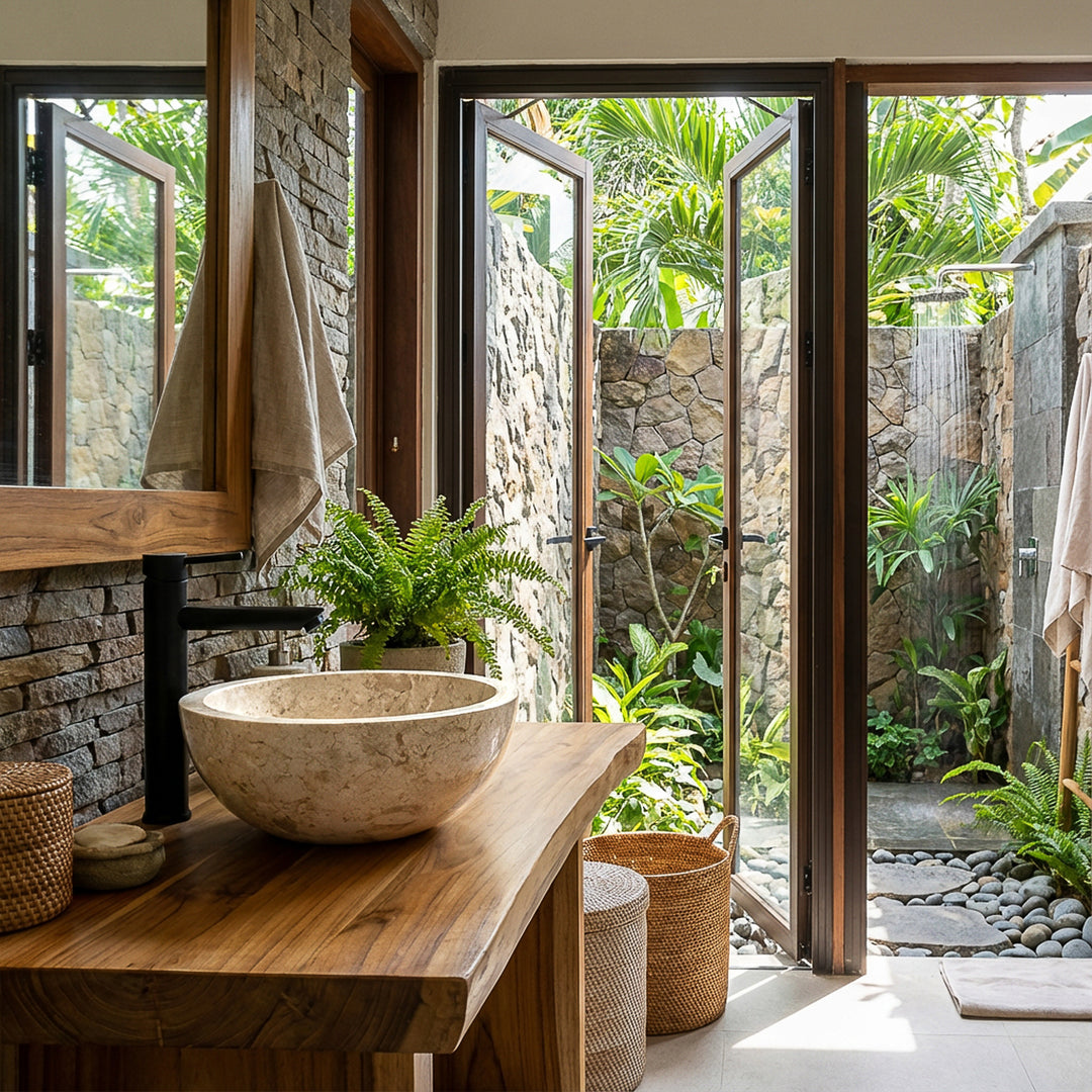 Lavabo rond à poser en pierre naturelle claire sur lavabo en bois avec robinetterie noire dans la salle de bain ouverte avec vue sur le jardin
