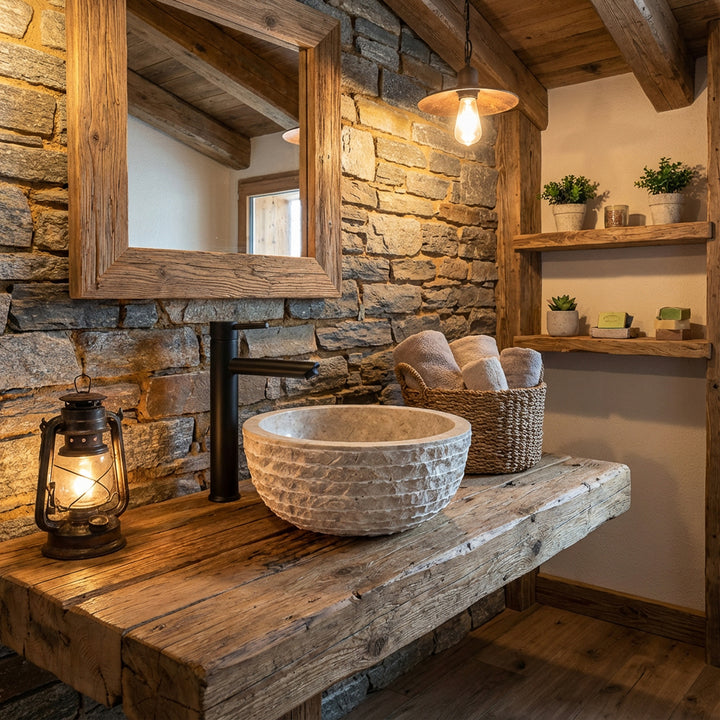 Lavabo rond à poser en pierre claire avec une surface texturée sur un lavabo en bois rustique dans une salle de bains naturelle et confortable