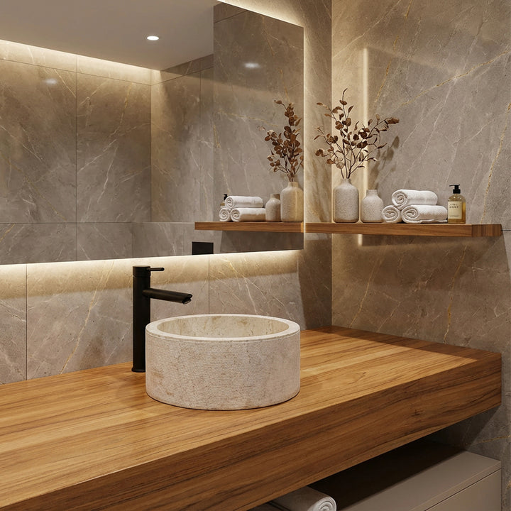 Rond Lavabo en pierre naturelle sur une élégante console en bois, mise en scène de manière moderne dans la salle de bain calme avec une lumière chaude.