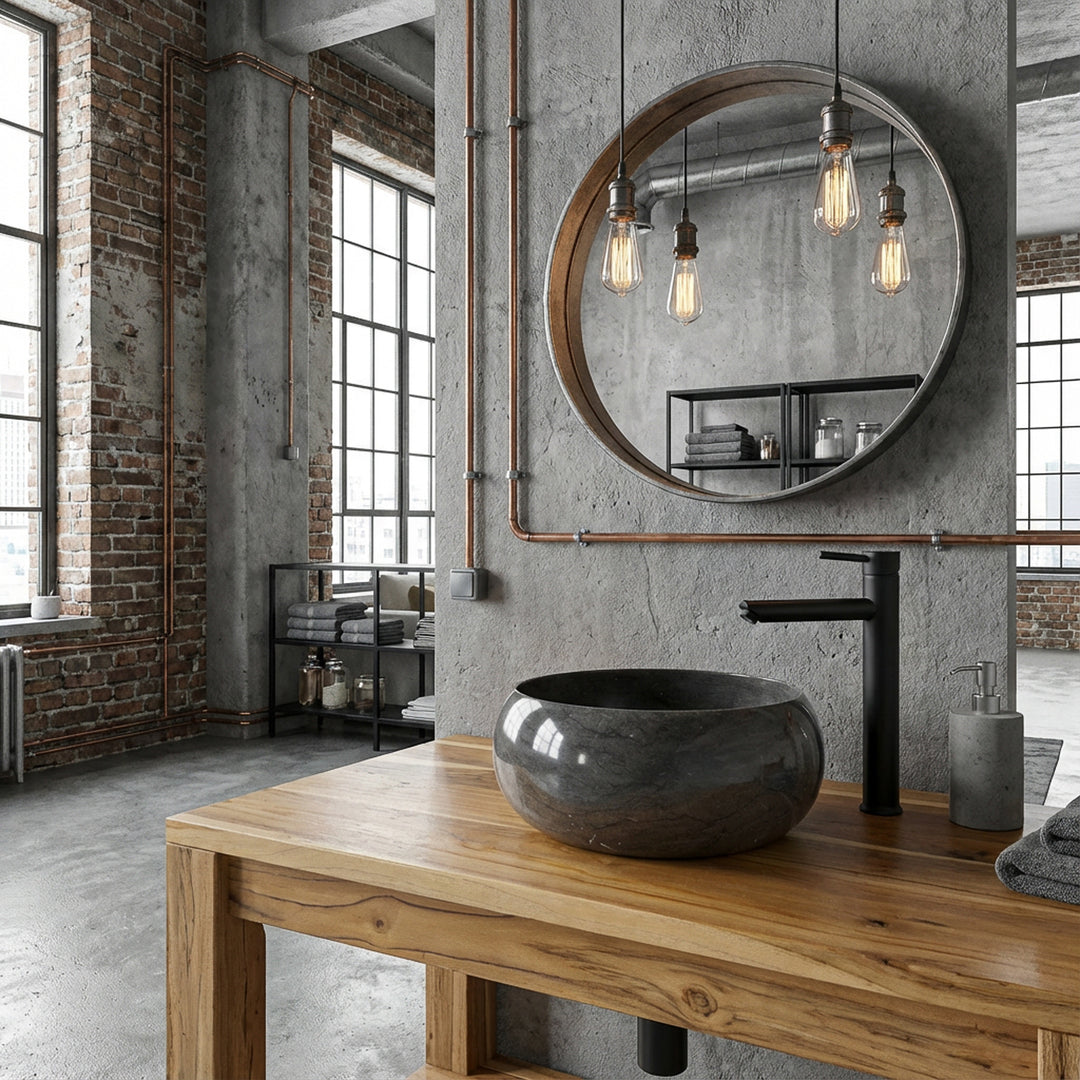 Rond Lavabo fait de pierre sur une vanité en bois dans une salle de bains loft industriel, combiné avec des accessoires noirs, des murs en béton, des tuyaux en cuivre visibles et une lumière chaude