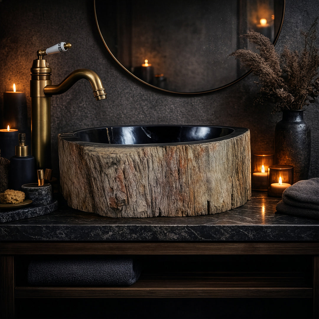 Lavabo En bois pétrifié avec une surface intérieure sombre, lavabo à poser rond dans une ambiance de salle de bains atmosphérique avec des bougies.