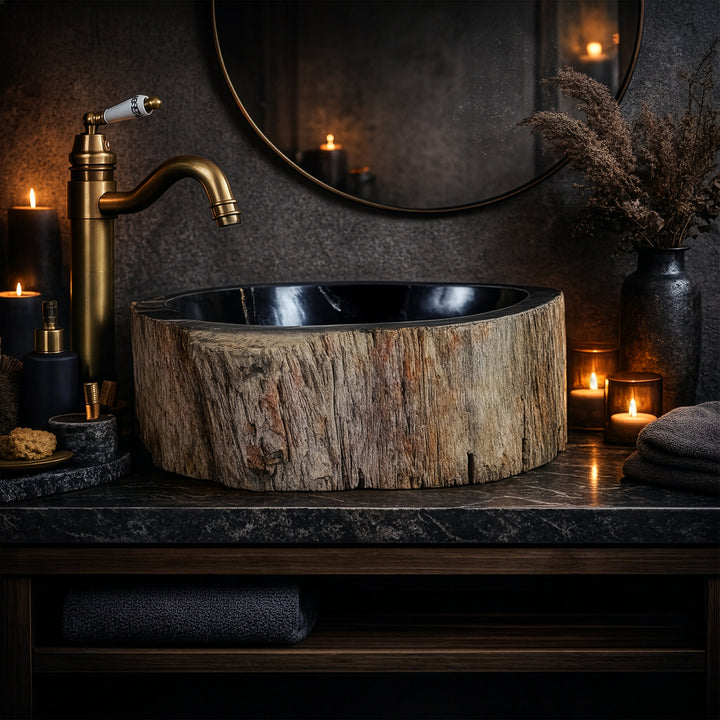 Lavabo En bois pétrifié avec une surface intérieure sombre, lavabo à poser rond dans une ambiance de salle de bains atmosphérique avec des bougies.