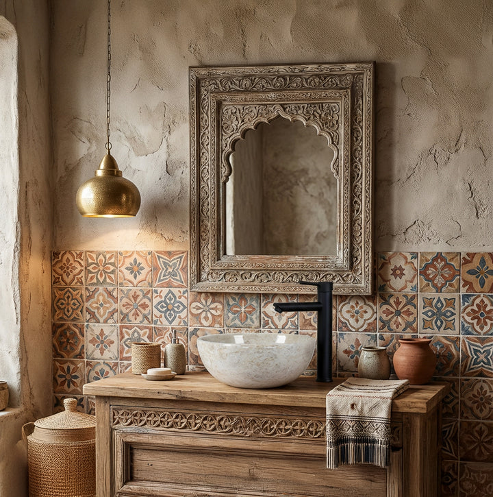 Pierre naturelle rondeLavabo en fixation sur un lavabo en bois avec une robinetterie noire devant des carreaux à motifs dans une ambiance de salle de bain orientale