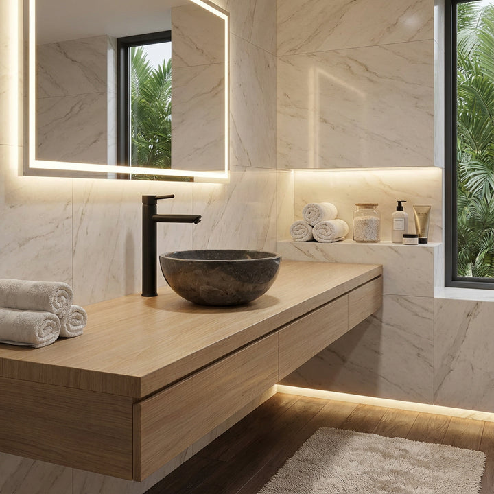 Lavabo rond en pierre naturelle sur un lavabo flottant en bois dans la salle de bain spa lumineuse avec miroir LED et lignes claires