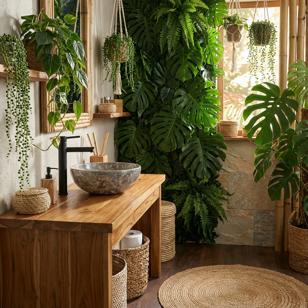 Marbre rond Lavabo avec du grain gris sur une vanité en bois massif dans la salle de bain de la jungle verte, combiné avec des accessoires noirs, des plantes suspendues et la lumière naturelle du jour