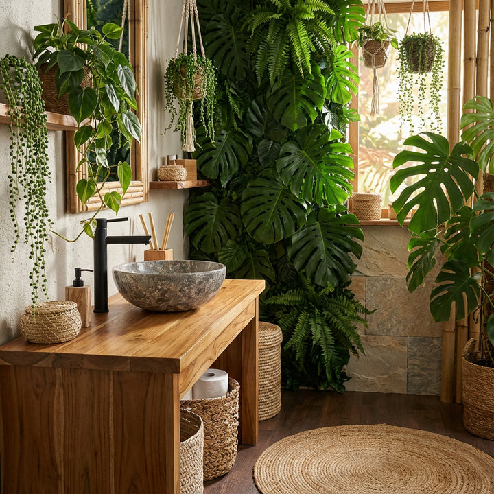 Marbre rond Lavabo avec du grain gris sur une vanité en bois massif dans la salle de bain de la jungle verte, combiné avec des accessoires noirs, des plantes suspendues et la lumière naturelle du jour