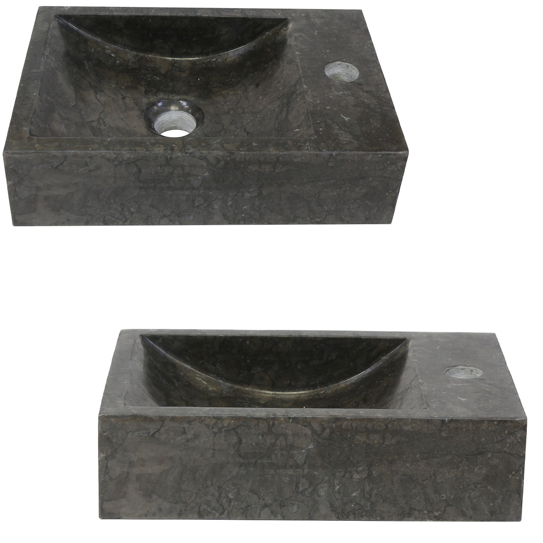 Pierre naturelle angulaire Lavabo avec grain foncé dans une représentation isolée, représentée en vue de dessus et vue de face avec trou de robinetterie intégré et écoulement central