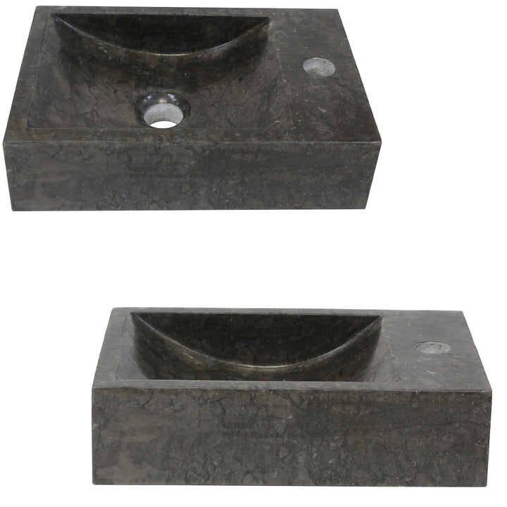 Pierre naturelle angulaire Lavabo avec grain foncé dans une représentation isolée, représentée en vue de dessus et vue de face avec trou de robinetterie intégré et écoulement central