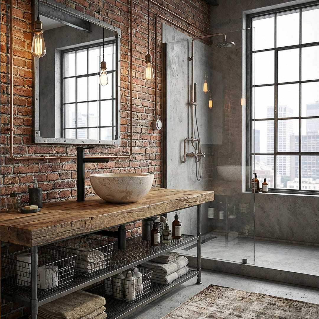 Lavabo rond en pierre naturelle sur lavabo en bois rustique avec raccords noirs dans la salle de bains loft industriel