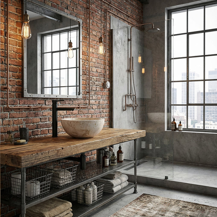 Lavabo rond en pierre naturelle sur lavabo en bois rustique avec raccords noirs dans la salle de bains loft industriel