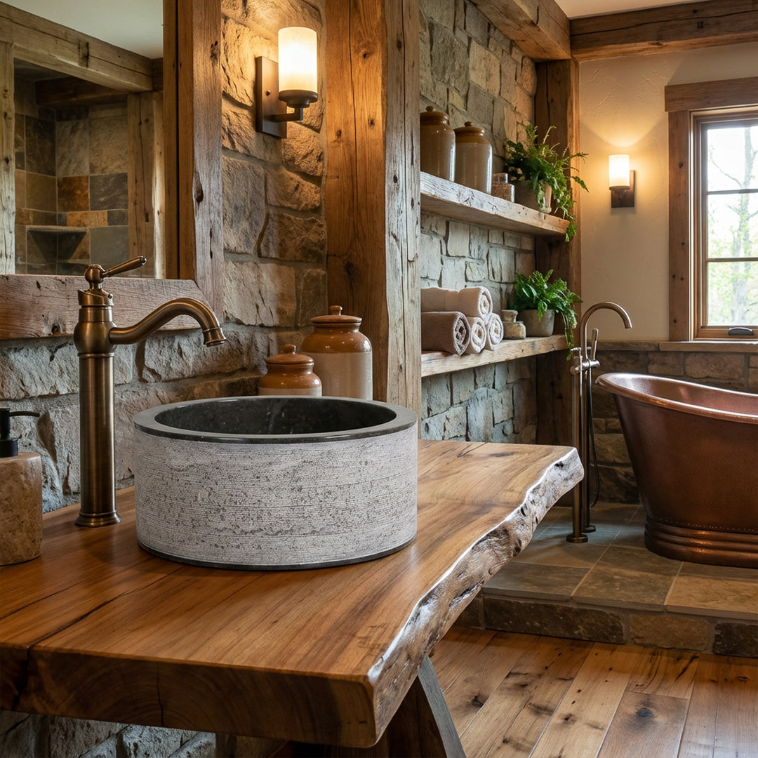 Lavabo rond en pierre naturelle sur une console en bois massif, associé à des robinetteries en laiton dans la salle de bain chaleureuse du chalet aux murs en pierre.