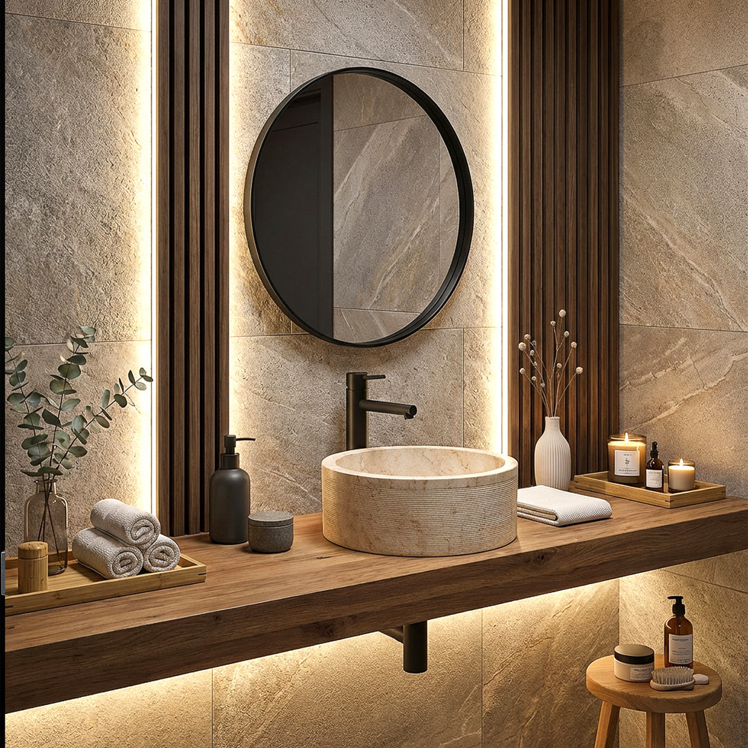 Lavabo rond en pierre naturelle au look chaleureux sur une console en bois, mis en scène avec style dans la salle de bain moderne et éclairée.
