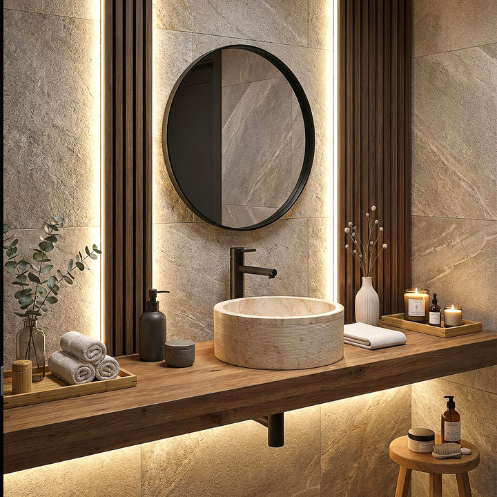 Lavabo rond en pierre naturelle au look chaleureux sur une console en bois, mis en scène avec style dans la salle de bain moderne et éclairée.