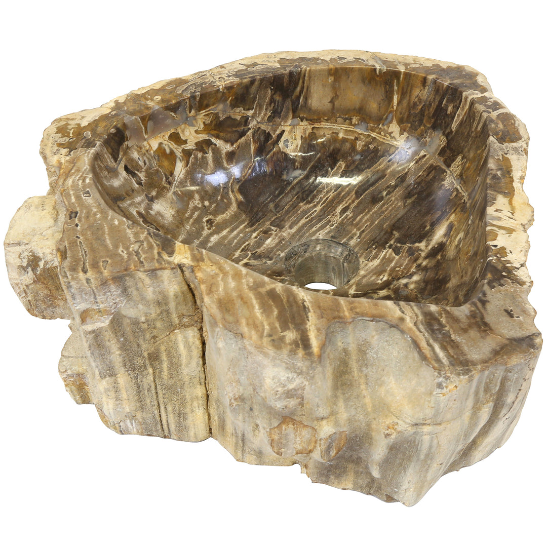 Vasque à poser en pierre naturelle en bois pétrifié, autoportante sur fond blanc avec une forme de pierre irrégulière et un grain fossilisé.