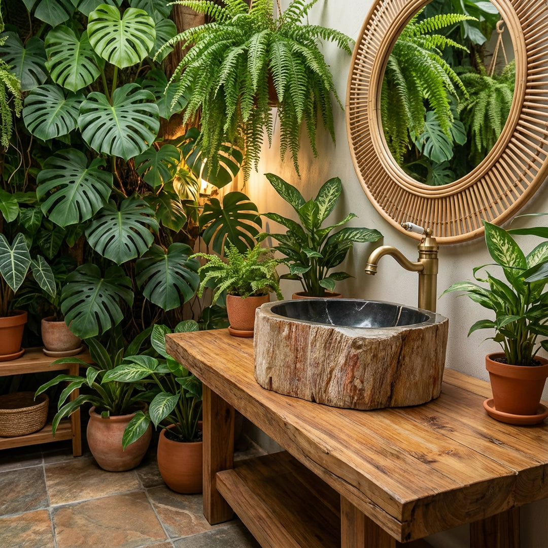 Lavabo en pierre naturelle en bois pétrifié comme vasque à poser, vasque ronde en pierre sur console en bois dans une ambiance de salle de bain verte.