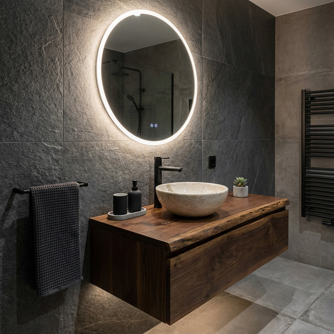 Pierre naturelle rondeLavabo comme fixation sur un lavabo flottant en bois avec robinetterie noire dans une ambiance de salle de bains moderne