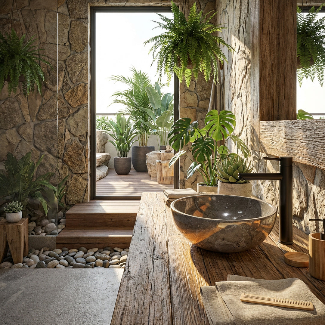 Rond Lavabo en pierre naturelle sur une table en bois massif dans la salle de bains spa ouverte avec plantes, mur en pierre et lumière naturelle