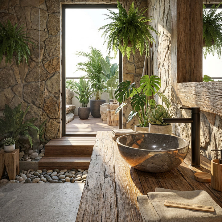 Rond Lavabo en pierre naturelle sur une table en bois massif dans la salle de bains spa ouverte avec plantes, mur en pierre et lumière naturelle