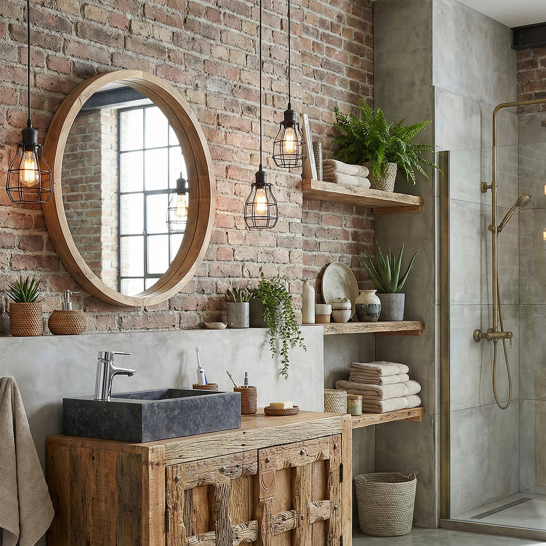 Lavabo carré en pierre naturelle sur vanité rustique en bois dans une salle de bains industrielle, combiné avec un robinet chromé, un mur de briques, des étagères ouvertes et une lumière chaude