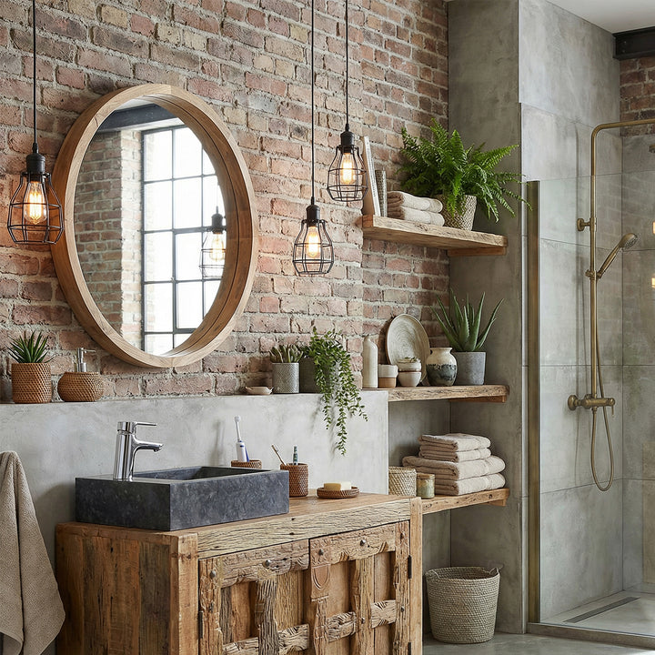 Lavabo carré en pierre naturelle sur vanité rustique en bois dans une salle de bains industrielle, combiné avec un robinet chromé, un mur de briques, des étagères ouvertes et une lumière chaude