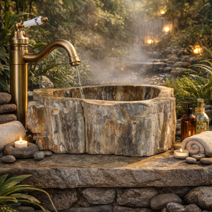 Lavabo Réalisée en pierre naturelle avec une structure en bois fossile, mise en scène en extérieur sur une dalle de pierre avec une garniture en laiton, des bougies et un cours d'eau.