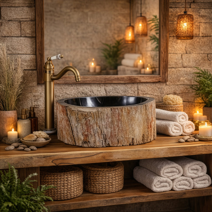 Évier de comptoir en bois fossile avec intérieur sombre, évier rond en pierre sur console en bois dans une salle de bains spa rustique avec bougies.