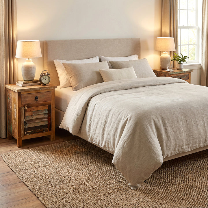 Kommoden aus massivholz als Nachttische im Schlafzimmer, helle Textilien, warmes Licht