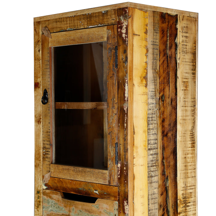 Armoire en bois massif et en bois de récupération avec porte vitrée de style vintage, illustrée autoportante