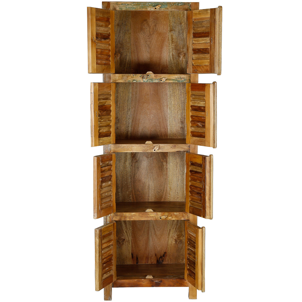 Armoire étroite en bois massif et bois de récupération avec quatre compartiments de style vintage, présentée autoportante