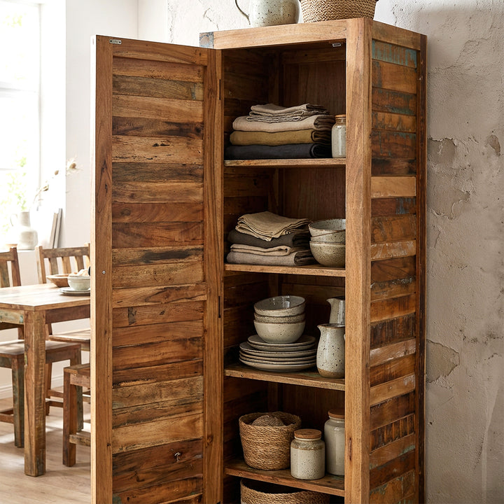 Armoire haute étroite en bois massif et bois de récupération de style vintage, placée dans la cuisine