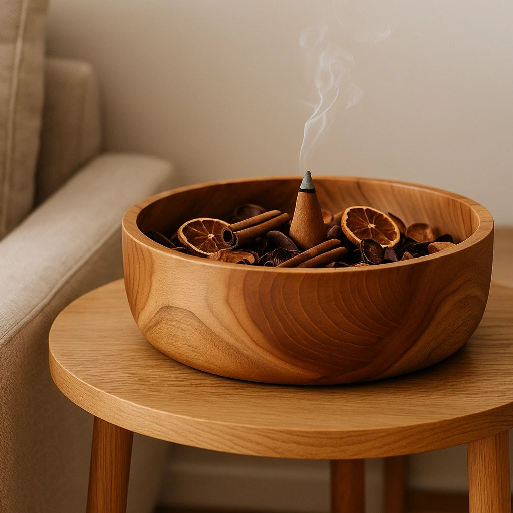 Holzschale mit Duftkegel, Zimtstangen und getrockneten Orangenscheiben auf einem Beistelltisch in einer gemütlichen Wohnsituation