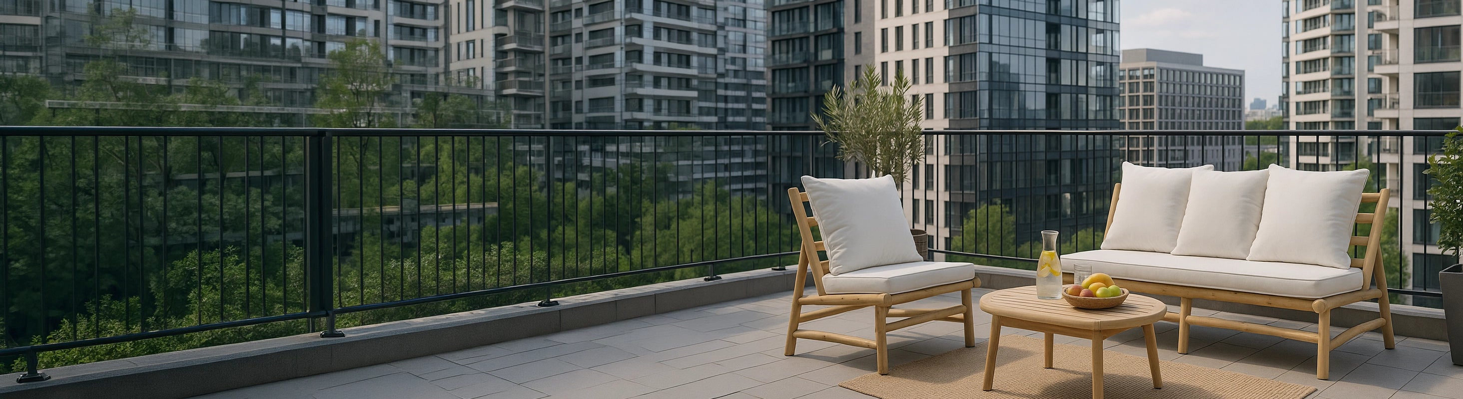 Fauteuils et canapés – Sessel und Sofa aus Teakholz mit Polstern auf modernem Balkon mit Stadtblick – komfortable Lounge-Möbel für Außenbereich