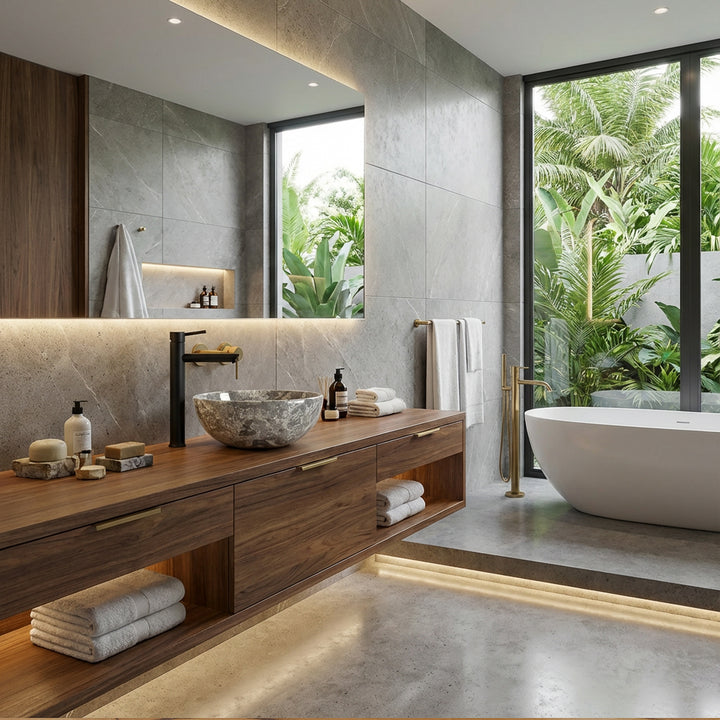 Vasque à poser ronde en marbre au grain gris-brun sur une vasque en bois dans une salle de bain spa lumineuse, associée à des robinetteries noires, une baignoire autoportante et une vue sur la verdure