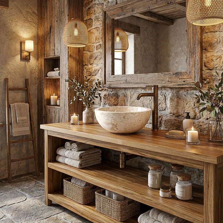 Vasque à poser ronde en pierre claire sur console en bois massif avec robinetterie en laiton dans une ambiance chaleureuse de salle de bain spa