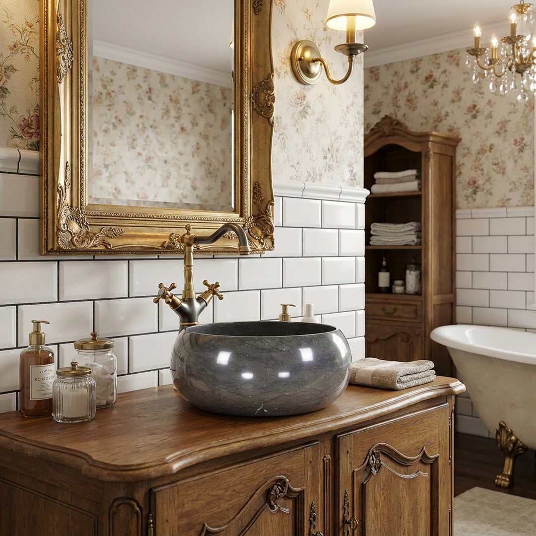 Lavabo rond en pierre de marbre sur vanité en bois classique dans une salle de bains élégante avec robinet et miroir dorés
