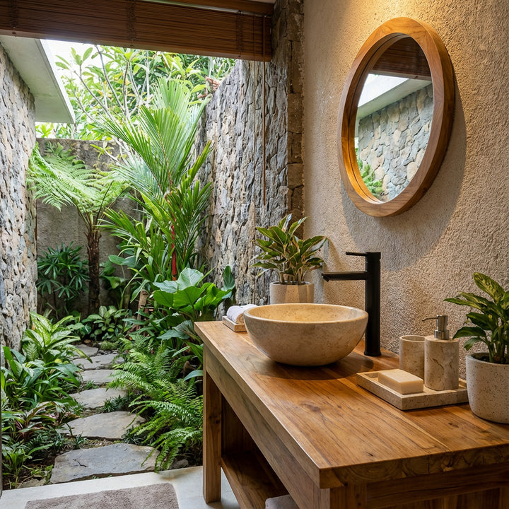 Rond Lavabo en pierre claire sur lavabo en bois avec robinetterie noire dans la salle de bain ouverte avec vue sur le jardin